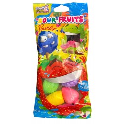 Sour Fruits 80g - ovocný šumivý prášek v plastovém ovoci (jahoda, hrozny, limetka, ananas) v sáčku (10ks)