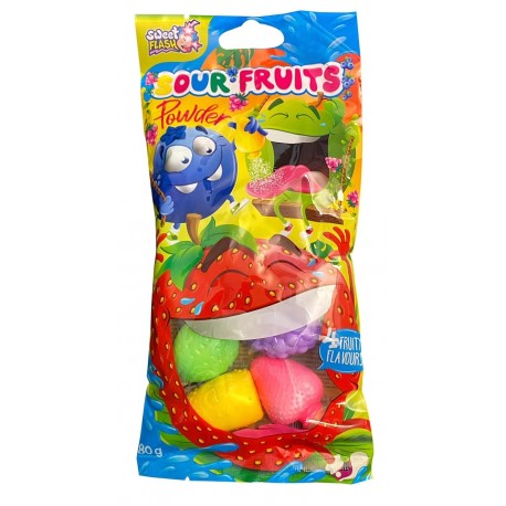 Sour Fruits 80g - ovocný šumivý prášek v plastovém ovoci (jahoda, hrozny, limetka, ananas) v sáčku (10ks)