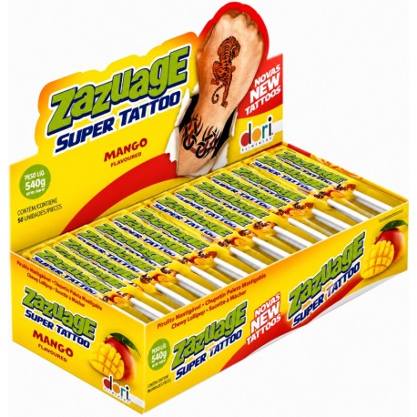 Zazuage Mango Super Tattoo 540g - karamelové lízátko mango+tetování (50x10,8g)